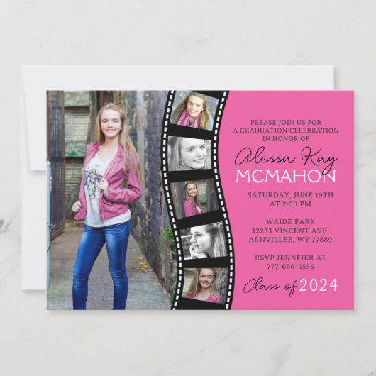 Hot Pink und Black Filmstrip 6 Foto Abschluss Einladung (Vorderseite)