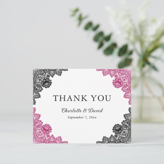 Hot Pink und Black Floral Lace Hochzeit Vielen Dan Postkarte (Stehend Vorderseite)