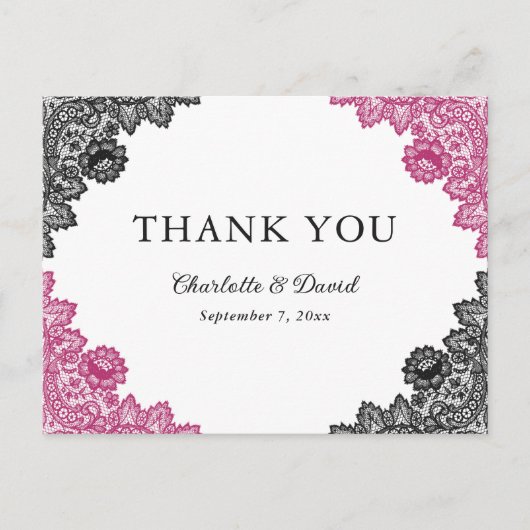 Hot Pink und Black Floral Lace Hochzeit Vielen Dan Postkarte (Vorderseite)