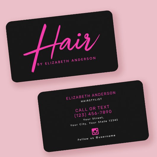 Hot Pink und Black Retro Script Haarstylist Visitenkarte