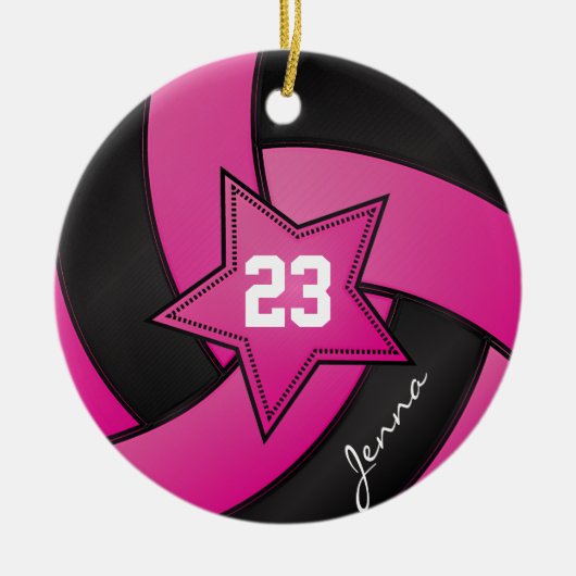Hot Pink und Black Star Volleyball Keramik Ornament (Vorne)