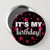 Hot Pink und Black Stars Confetti Es ist mein Gebu Button (Vorne & Hinten)