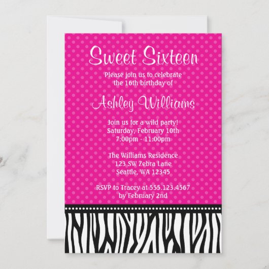 Hot Pink und Black Zebra Polka Dot Sweet 16 Einladung (Vorderseite)