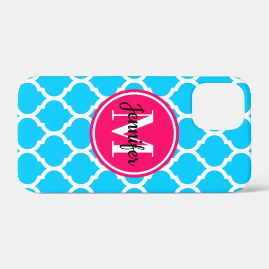 Hot Pink und Bright Aqua Trellis Monogramm Case-Mate iPhone Hülle (Rückseite (Horizontal))
