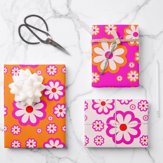 Hot Pink und Burnt Orange Daisy Muster Retro flora Geschenkpapier Set (Vorderseite)