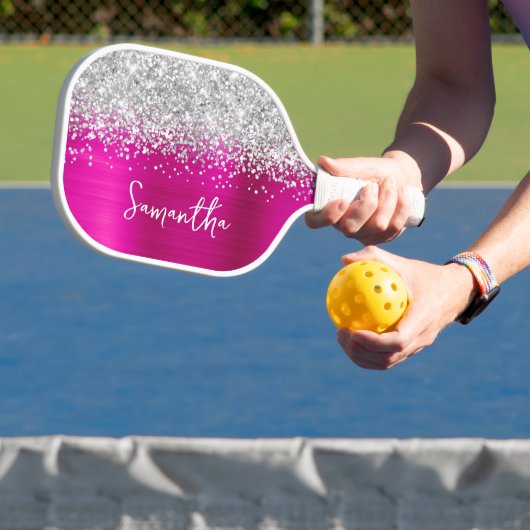 Hot Pink und Glittery Silver Glam Script Name Pickleball Schläger (InSitu)