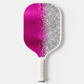 Hot Pink und Glittery Silver Glam Script Name Pickleball Schläger (Rückseite)