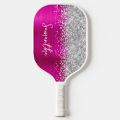 Hot Pink und Glittery Silver Glam Script Name Pickleball Schläger (Vorderseite)