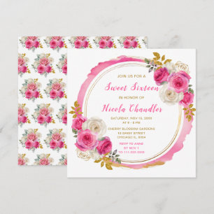 Hot Pink und Gold Elegante Blume 16 . Geburtstag Einladung
