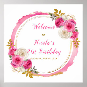 Hot Pink und Gold Elegante Blume Geburtstagsparty Poster