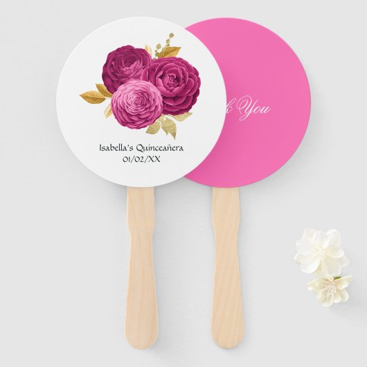 Hot-Pink und Gold Floral Quinceñera Hand Fan Fächer (Vorne und Hinten)