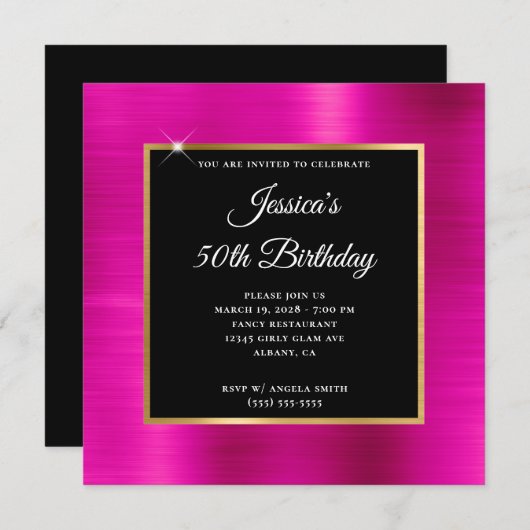 Hot Pink und Gold Foil Black Overlay 50. Geburtsta Einladung (Vorne/Hinten)