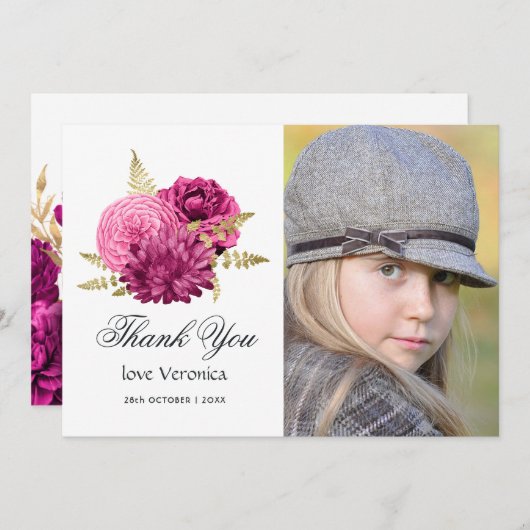 Hot Pink und Gold Foto Quinceñera Dankeskarte (Vorne/Hinten)