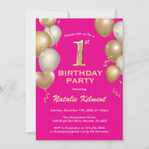 Hot Pink und Gold Glitzer Balloons zum 1. Geburtst Einladung