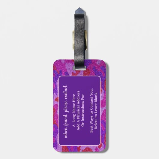 Hot Pink und Lila Glitzer Camouflage Cam Outdoorsy Gepäckanhänger (Rückseite vertikal)