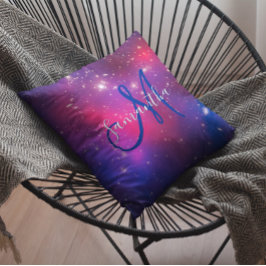 Hot Pink und Navy Blue Celestial Monogram Foto Kissen