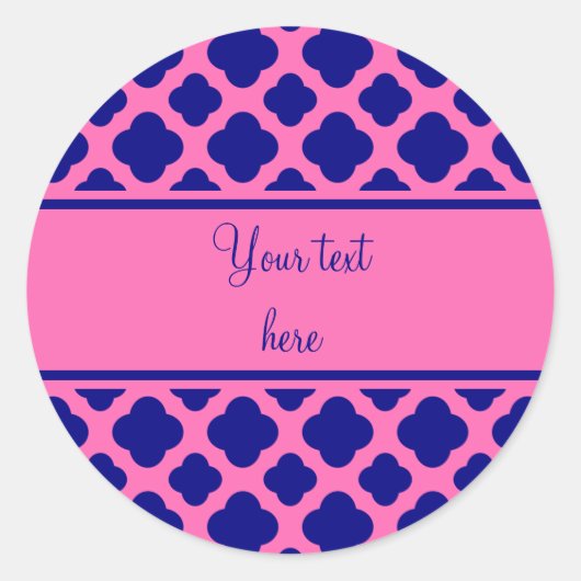 Hot Pink und Navy Blue Quatrefoil Pattern Runder Aufkleber (Vorderseite)
