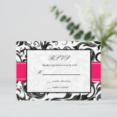 Hot-Pink und Schwarz-Swirl-Hochzeitsrampe RSVP Karte (Stehend Vorderseite)