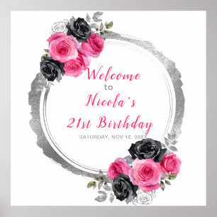Hot Pink und Silber Elegante Blume Geburtstagspart Poster