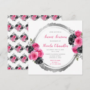 Hot Pink und Silver Elegante Blume 16 . Geburtstag Einladung