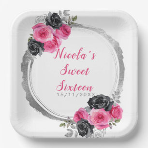 Hot Pink und Silver Elegante Blume 16 . Geburtstag Pappteller