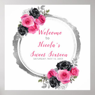 Hot Pink und Silver Elegante Blume 16 . Geburtstag Poster