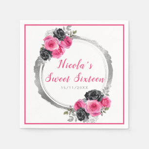 Hot Pink und Silver Elegante Blume 16 . Geburtstag Serviette