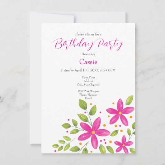 Hot Pink Wasserfarbe Blumenstrauß Einladung (Vorderseite)