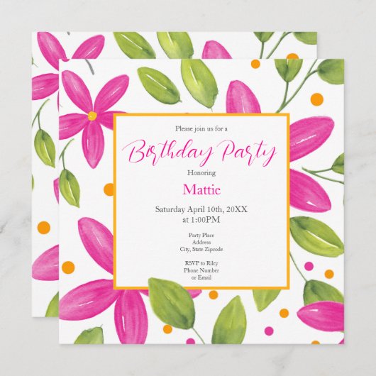Hot Pink Wasserfarbe Blumenstrauß Einladung (Vorne/Hinten)