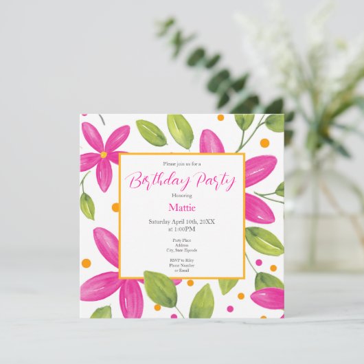 Hot Pink Wasserfarbe Blumenstrauß Einladung (Stehend Vorderseite)