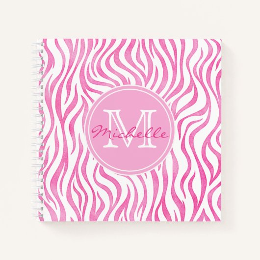 Hot Pink Wasserfarbe Zebra Print | Monogramm Notizblock (Vorderseite)