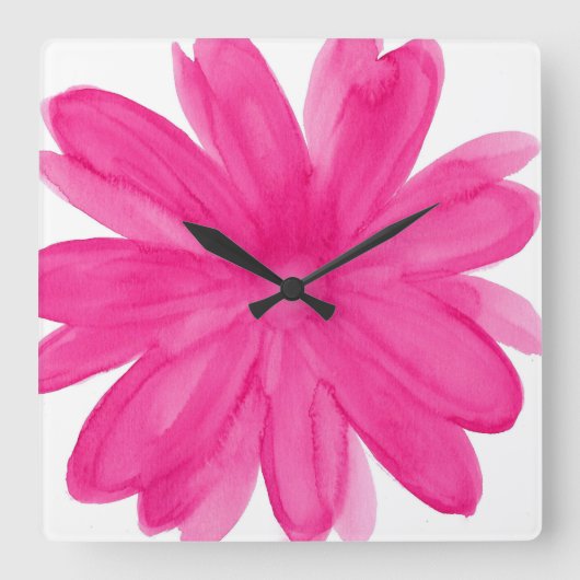 Hot Pink Watercolor-Blume Quadratische Wanduhr (Vorderseite)