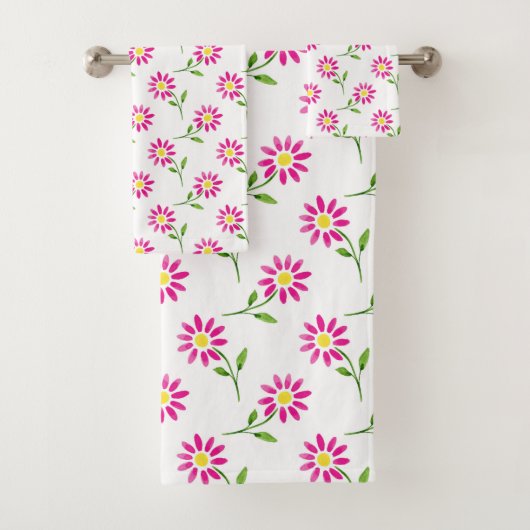 Hot Pink Watercolor Daisy Muster Badhandtuch Set (Insitu)