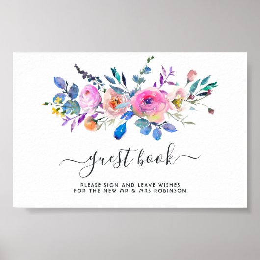 Hot-Pink Watercolor Floral Wedding Gästebuch (Vorne)