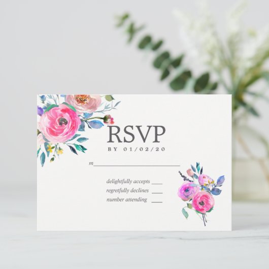 Hot-Pink Watercolor Floral Wedding RSVP (Stehend Vorderseite)