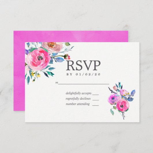 Hot-Pink Watercolor Floral Wedding RSVP (Vorne/Hinten)
