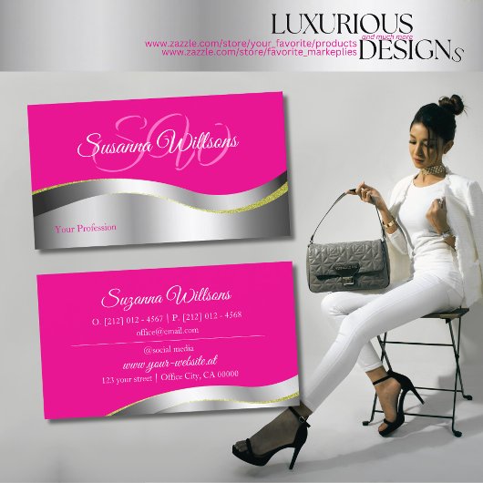 Hot Pink Wavy Silver Deco mit Initialklassik Visitenkarte