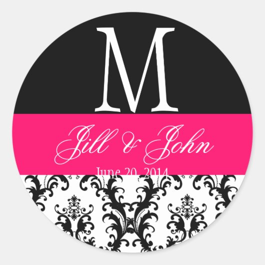 Hot Pink Wedding Monogram Date Damask Siegel Runder Aufkleber (Vorderseite)