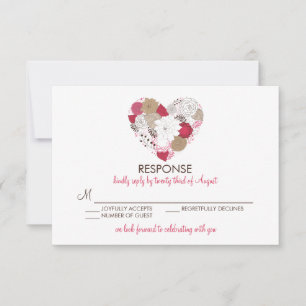 Hot Pink Whimsical Floral Heart Wedding RSVP Card Karte