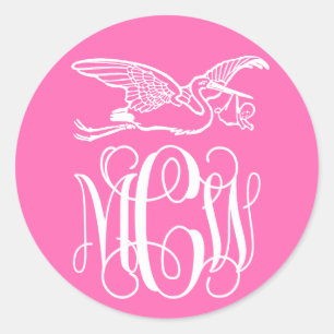 Hot Pink Whine Monogram Schriftart Stork Baby DIY Runder Aufkleber