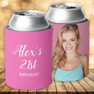 Hot Pink White 21. Geburtstag Name Foto Dosenkühler