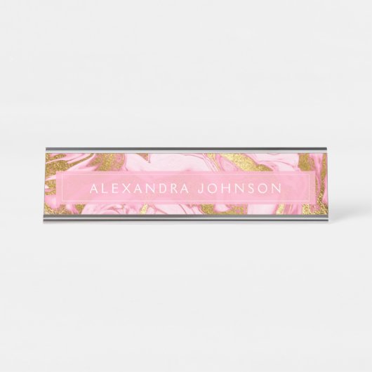 Hot Pink, White and Gold Foil Moderner Marmor Schreibtischnamensplakette (Vorderseite )