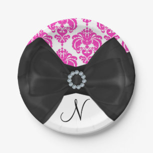 Hot Pink & White Damask Bling Bow Sweet 16 Party Pappteller