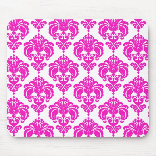 Hot Pink White Damask Chic Modernes elegantes Must Mousepad (Vorne)