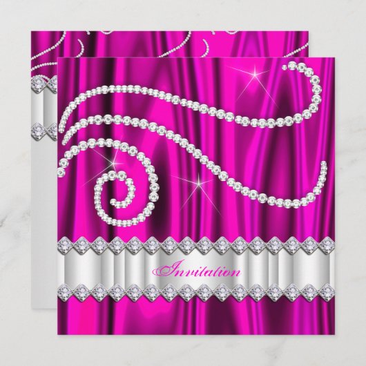 Hot Pink White Diamonds Silver Birthday Party Einladung (Vorne/Hinten)