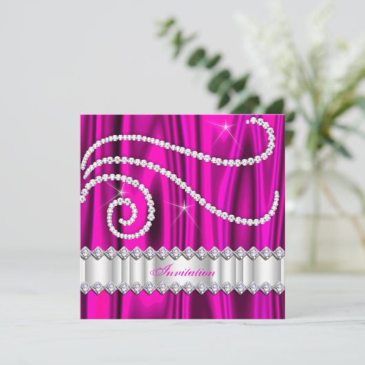Hot Pink White Diamonds Silver Birthday Party Einladung (Stehend Vorderseite)
