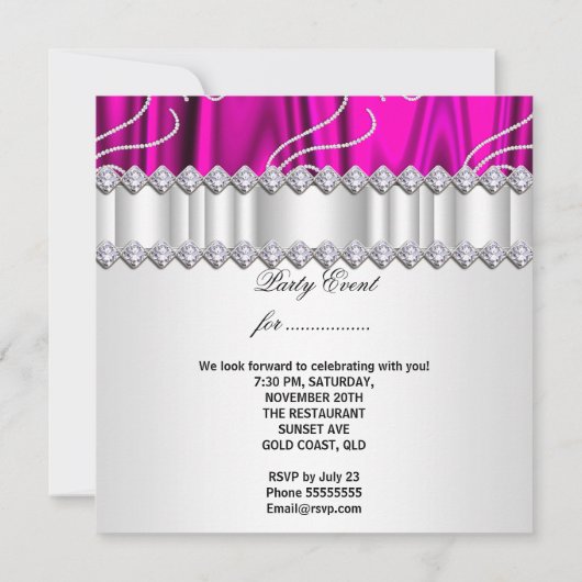 Hot Pink White Diamonds Silver Birthday Party Einladung (Rückseite)
