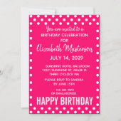 Hot Pink White Dots Muster Happy Birthday Einladung (Vorderseite)