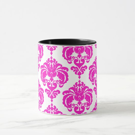 Hot Pink & White Elegantes schicke Damask Muster Tasse (Zentrum)