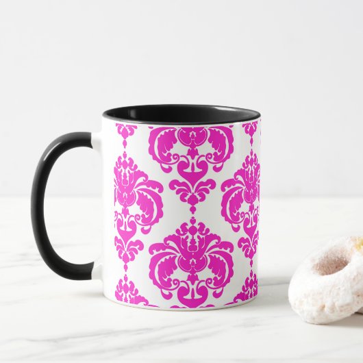 Hot Pink & White Elegantes schicke Damask Muster Tasse (Mit Donut)